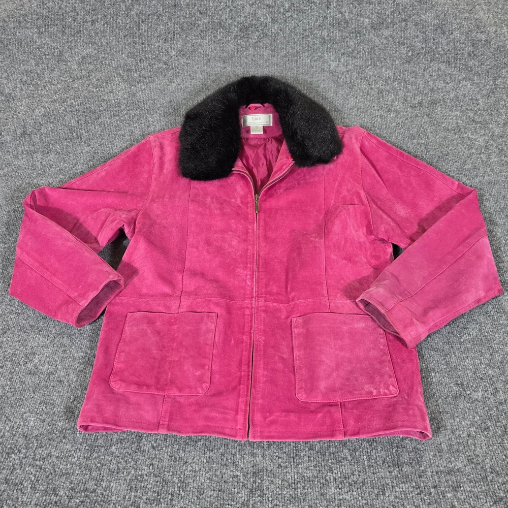 2000s Lisa International Hot Pink Suede Leather Jacket Faux Fur Collar Women Med